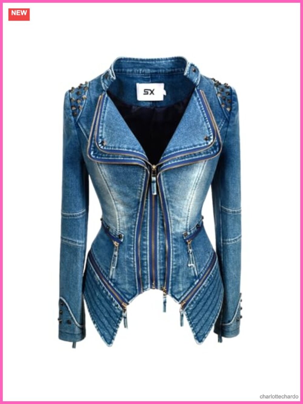 Faux Leather Moto Biker Jacket Studded Denim Tuxedo Zip Up
